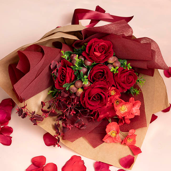 Velvet Rose x 9 Heads Bouquet Dark Red (9cmDx44cmH)