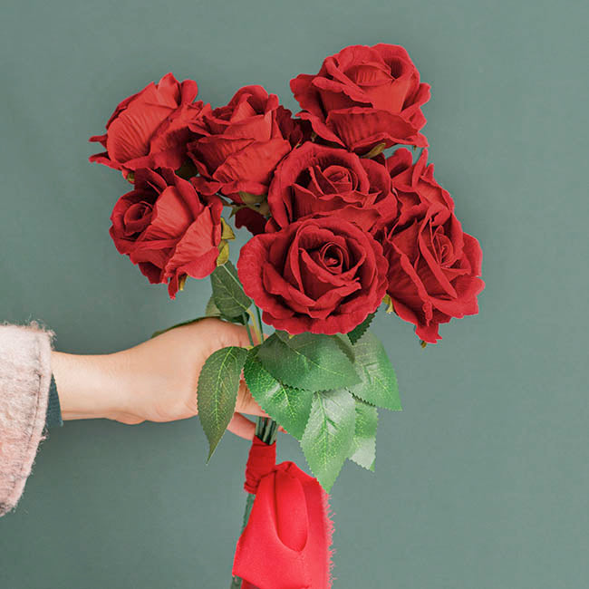 Velvet Rose x 9 Heads Bouquet Dark Red (9cmDx44cmH)