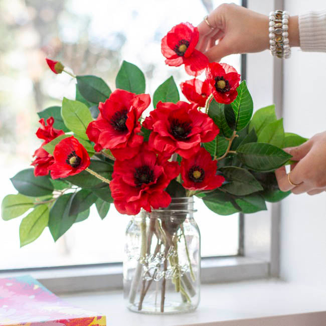 Poppy Spray 3x flowers 1x bud Red (60cm.ST 6-7cm.BUD)