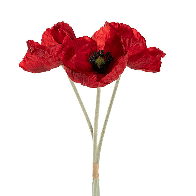 Large Poppy w Black Centre 3 Stem Bunch Red (14cmDx61cmH)