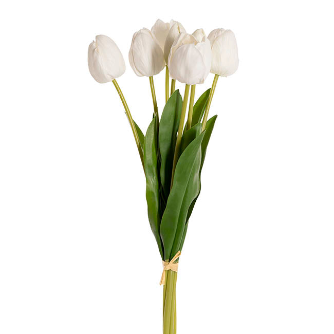 Real Touch 7 Head Tulip Bunch White (49cmH)