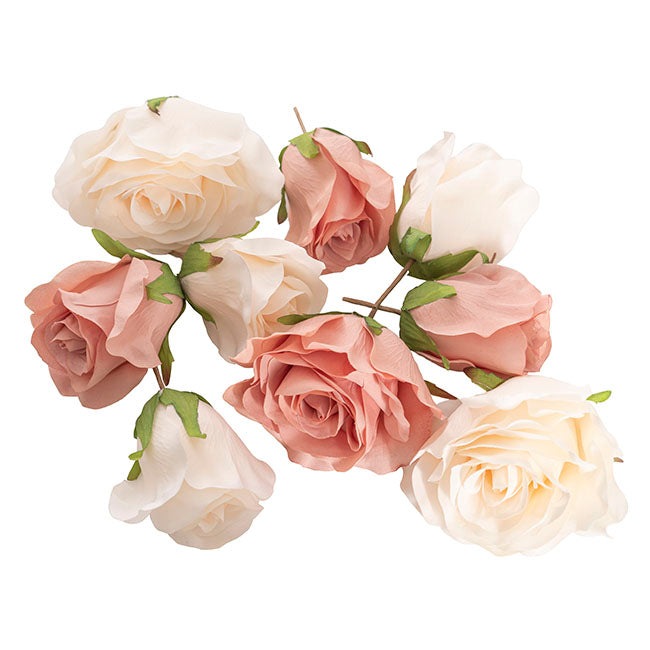 Rose Heads Loose Pack 9 Mixed Beige & Dusty Pink
