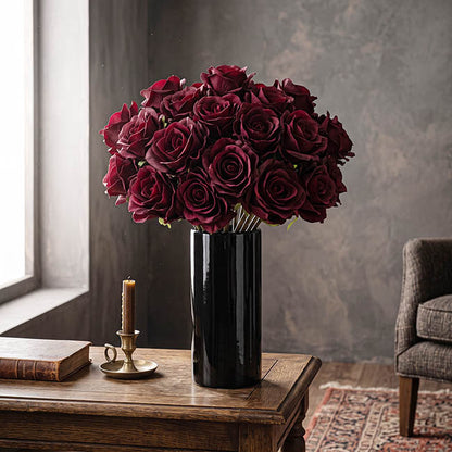 Hybrid Tea Rose Bunch 13 Heads Real Touch Dark Red (33cmH)