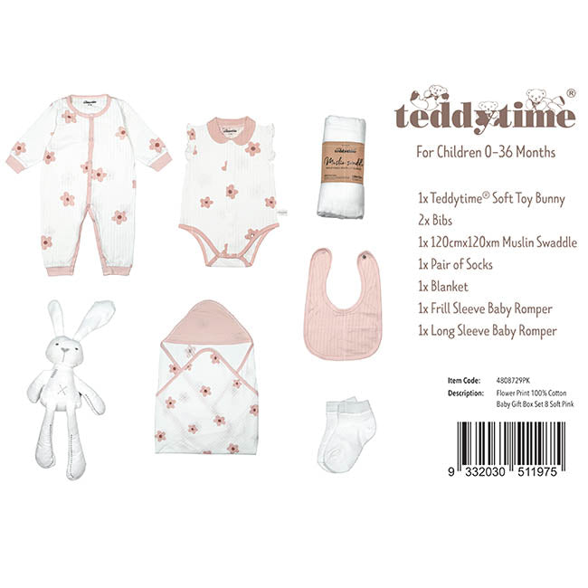 Flower Print 100% Cotton Baby Gift Box Set 8 Soft Pink