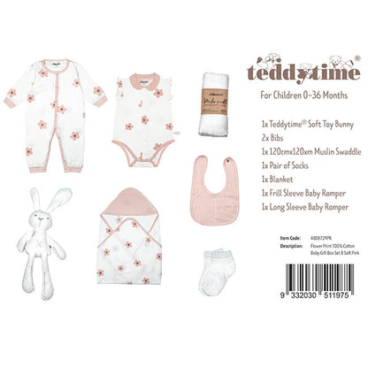 Flower Print 100% Cotton Baby Gift Box Set 8 Soft Pink