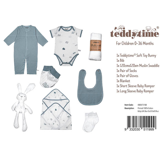 Printed 100% Cotton Baby Gift Box Set 8 Soft Blue