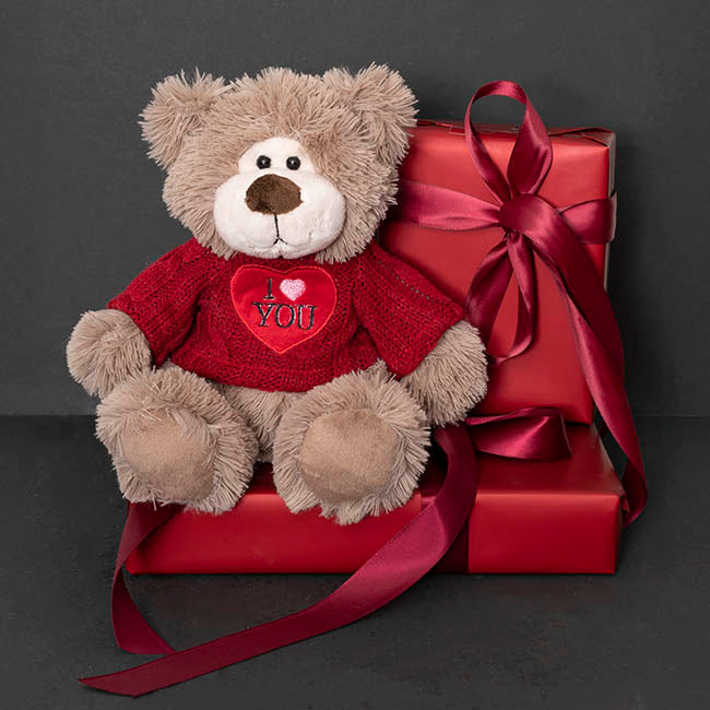 Teddy Bear Walter w Knitted I Love You Top Brown (21cmST)