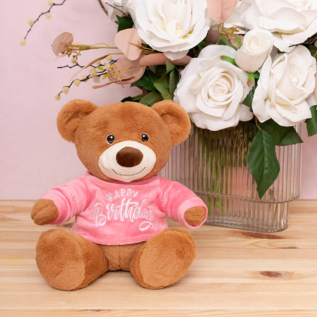 Teddy Bear Caleb w Happy Birthday T-Shirt Pink (21cmST)
