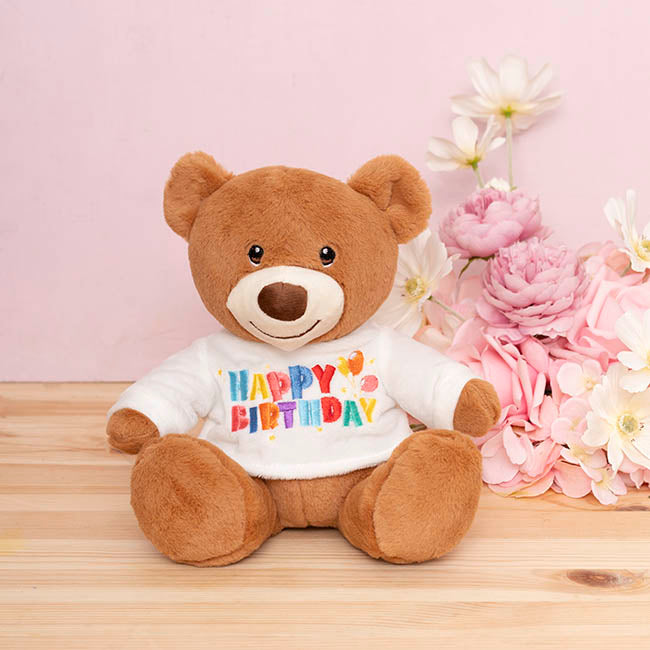 Teddy Bear Caleb w Happy Birthday T-Shirt White (21cmST)