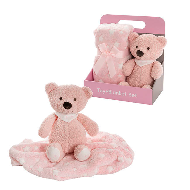 Jamie Teddy Bear Gift Pack Bear and Blanket Pink (23cmST)