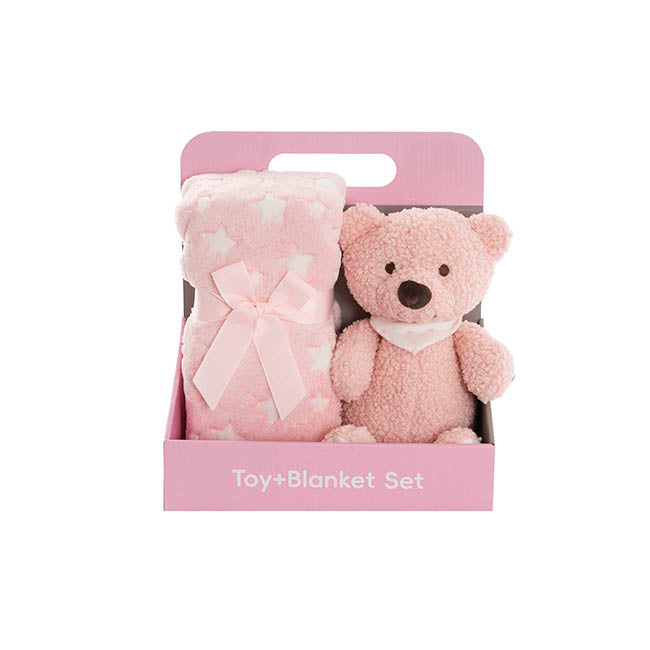 Jamie Teddy Bear Gift Pack Bear and Blanket Pink (23cmST)