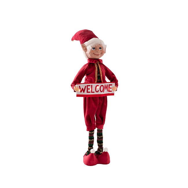 Standing Elf w LED Welcome Sign Red (24x13x88cmH)