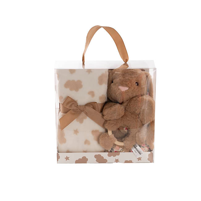 Bunny Flora, Rattle & Blanket Gift Pack Brown (25cmH)