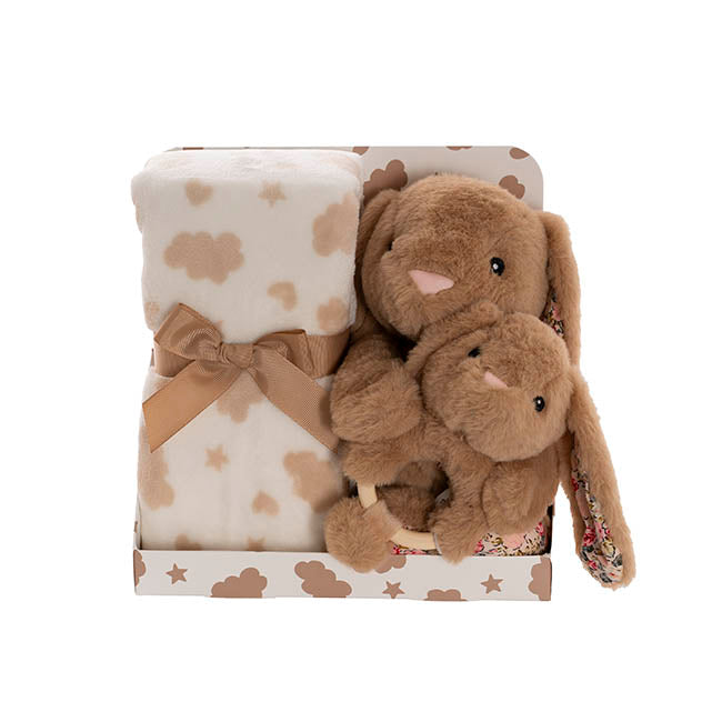 Bunny Flora, Rattle & Blanket Gift Pack Brown (25cmH)