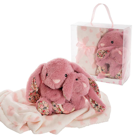 Bunny Flora, Rattle & Blanket Gift Pack Dusty Pink (25cmH)