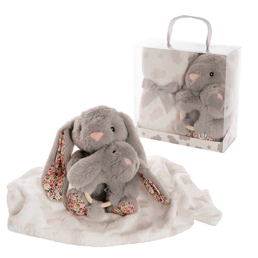 Bunny Flora, Rattle & Blanket Gift Pack Soft Grey (25cmH)