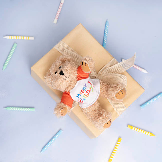 Teddy Bear Message Happy Birthday Orange T Shirt (20cmH)