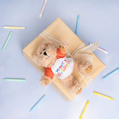 Teddy Bear Message Happy Birthday Orange T Shirt (20cmH)