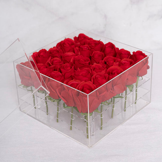Acrylic 25 Rose Head Display Box with Lid (25x25x15cmH)