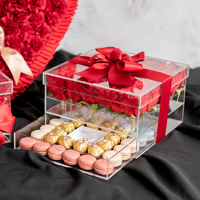 Acrylic 25 Rose Head Display Box with Drawer (25x25x15cmH)