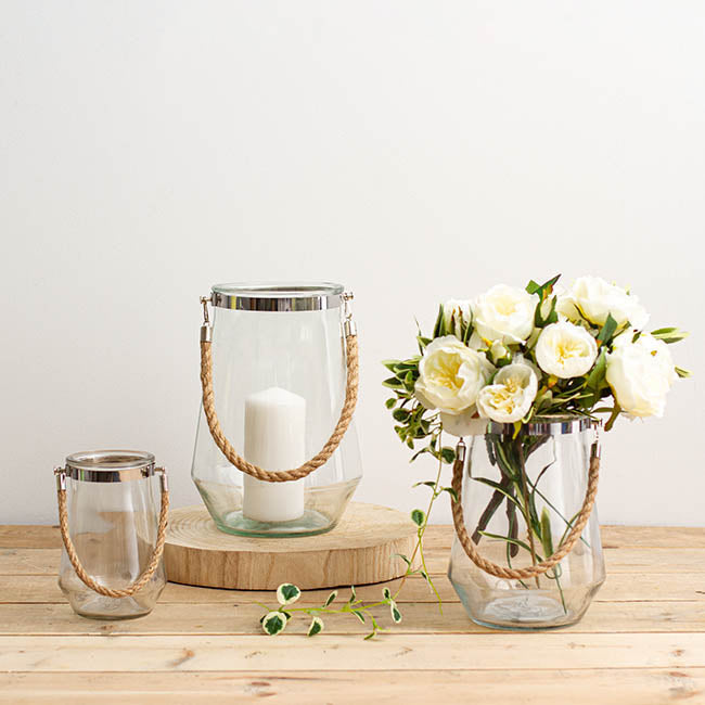 Glass Elva Hurricane Vase Rope Handle Clear (12Dx16cmH)