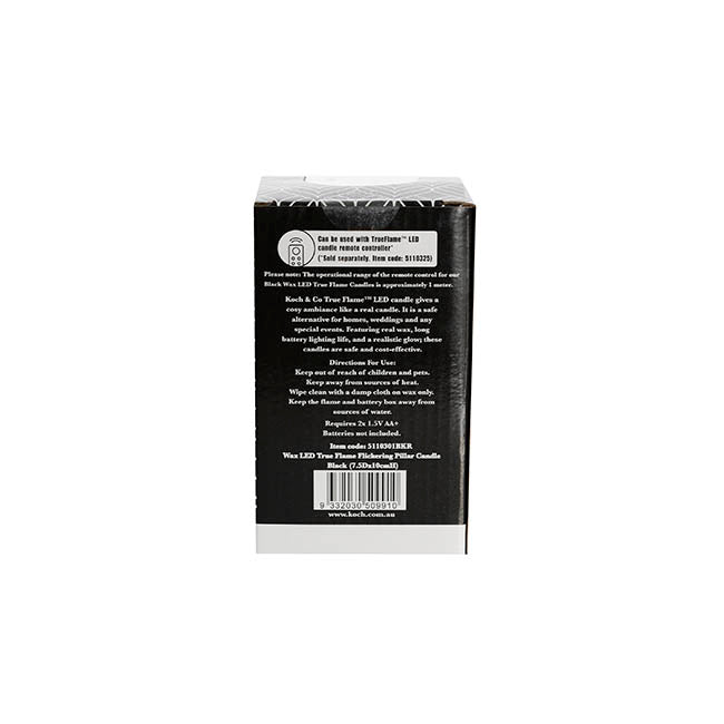 Wax LED Trueflame Flickering Pillar Candle Black (7.5X10cmH) back of candle packaging