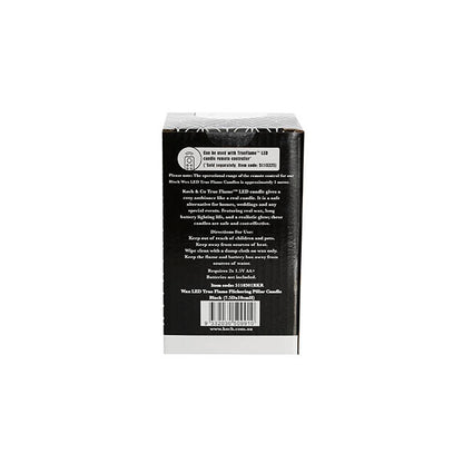 Wax LED Trueflame Flickering Pillar Candle Black (7.5X10cmH) back of candle packaging