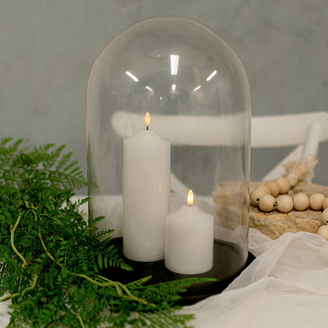 Wax LED Trueflame Flickering Pillar Candle White (7.5X10cmH) in cloche