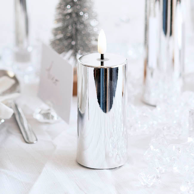 Event LED Trueflame Flickering Pillar Candle Chrome 5DX10cmH