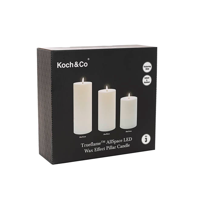 Wax LED Trueflame Event Pillar Candle Set White 10x15/20/25