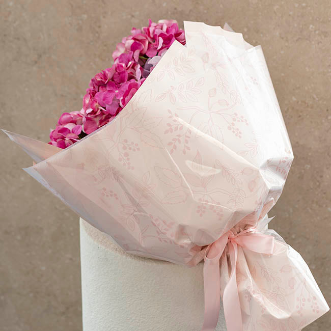 Cello Frosted Hand Drawn Leaves 40mic Pink (50x70cm)Pack 100