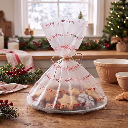 Cello Frosted Merry Christmas 40mic Red Pack 100 (50x70cm)