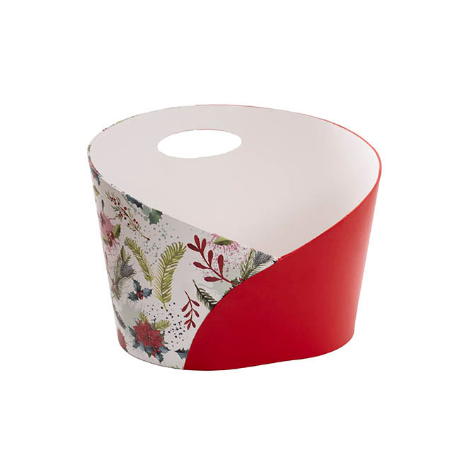 Hamper Bucket Oval Poinsettia Holly White Red (30x21x21cmH)