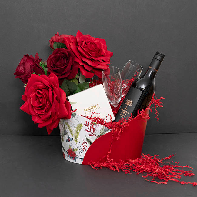Hamper Bucket Oval Poinsettia Holly White Red (30x21x21cmH)