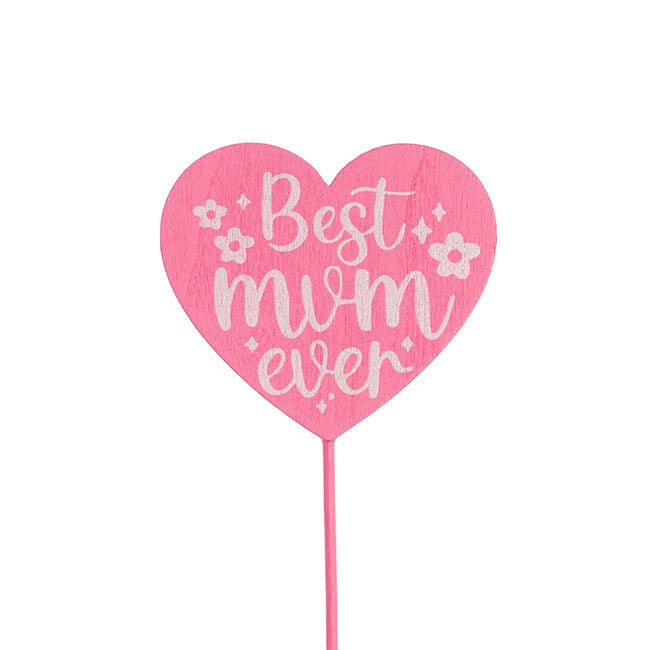 Wooden Best Mum Ever Heart Picks Pack 12 Pink (32cmH)