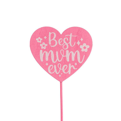 Wooden Best Mum Ever Heart Picks Pack 12 Pink (32cmH)