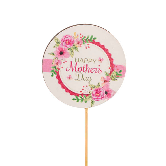 Happy Mother's Day Floral Wooden Picks Pack 12 White (32cmH)