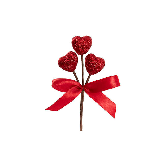 Love Heart 3 Head Glitter Pick w Bow Pack 3 Red (15cmH)