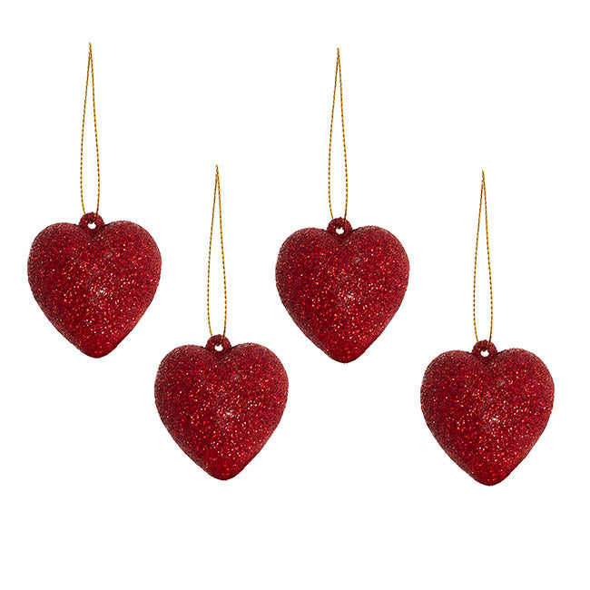 Hanging Love Hearts Pack 4 Glitter Red (5cmD)