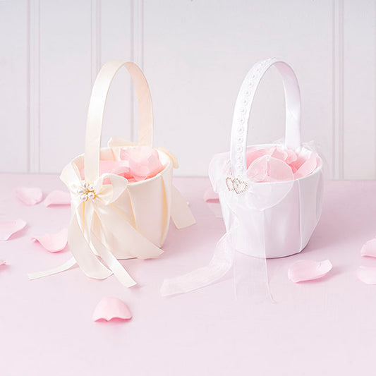 Organza Embellished Flower Girl Basket White (12.5cmDx22cmH)