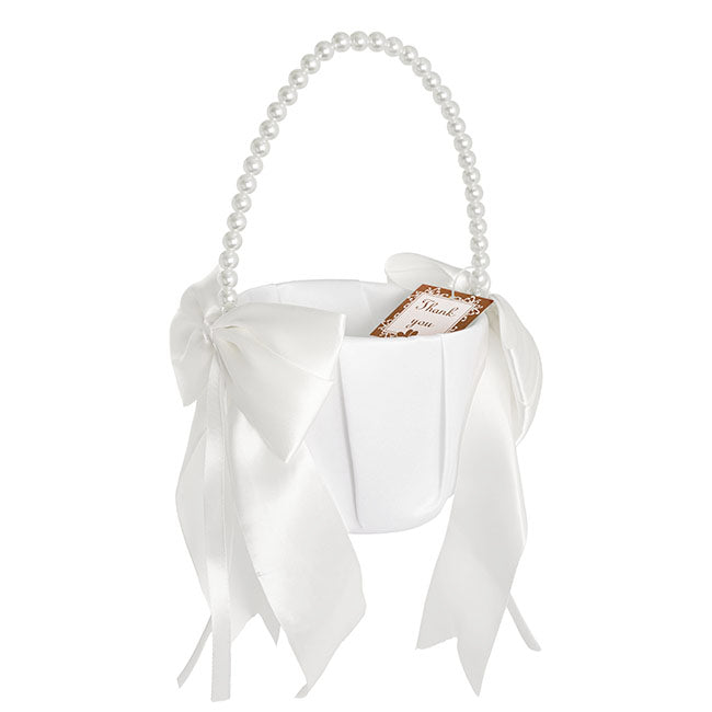 Flower Girl Basket with Bow White (12.5cmDx22cmH)