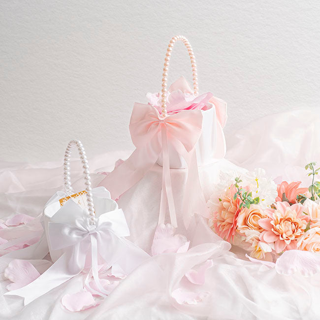 Flower Girl Basket with Bow White (12.5cmDx22cmH)