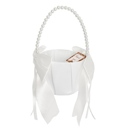 Flower Girl Basket with Bow White (12.5cmDx22cmH)
