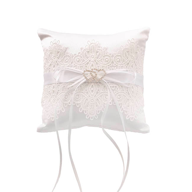 Wedding Ring Pillow w Lace Diamante Heart White (15x15cmH)