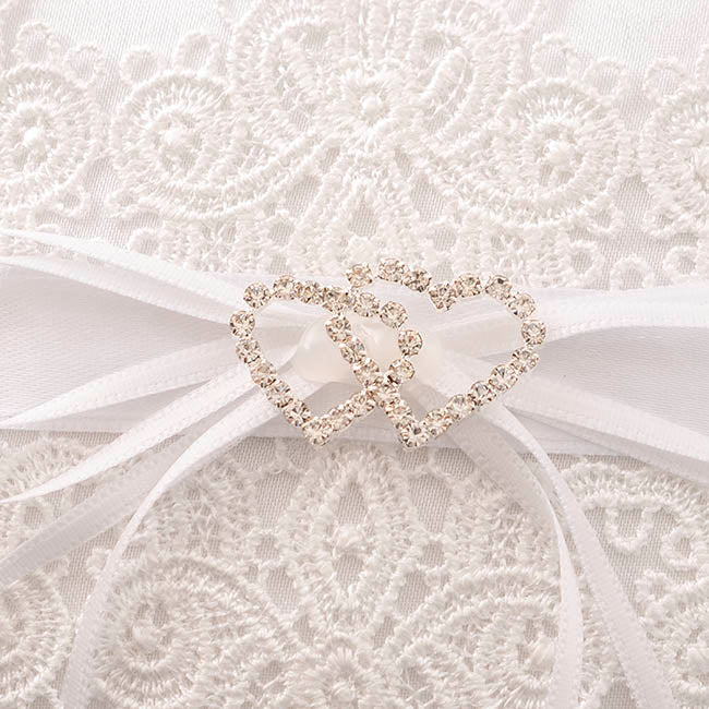 Wedding Ring Pillow w Lace Diamante Heart White (15x15cmH)