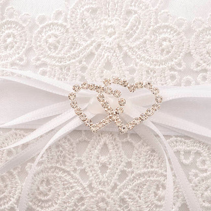 Wedding Ring Pillow w Lace Diamante Heart White (15x15cmH)