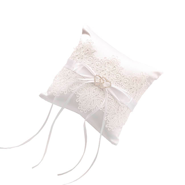 Wedding Ring Pillow w Lace Diamante Heart White (15x15cmH)