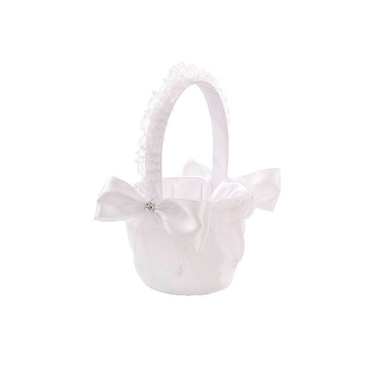 Flower Girl Basket w Lace & Bow White (12.5cmDx22cmH)