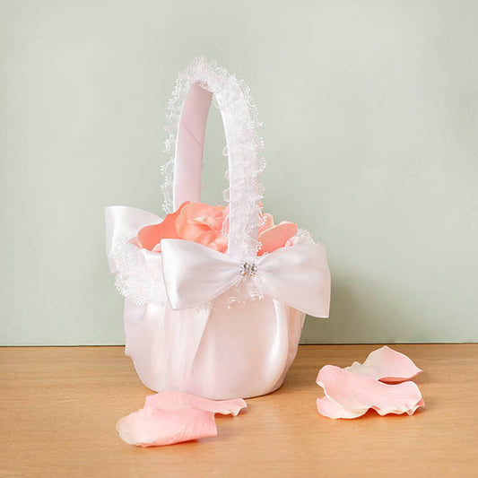 Flower Girl Basket w Lace & Bow White (12.5cmDx22cmH)