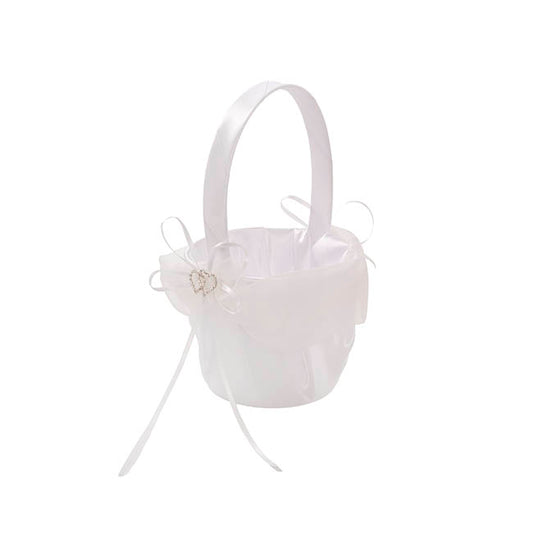 Flower Girl Basket w Heart Diamante White (12.5cmDx22cmH)